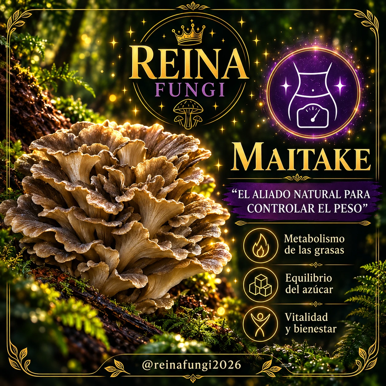 Lámina de divulgación de Reina Fungi sobre maitake; leer el contexto médico debajo