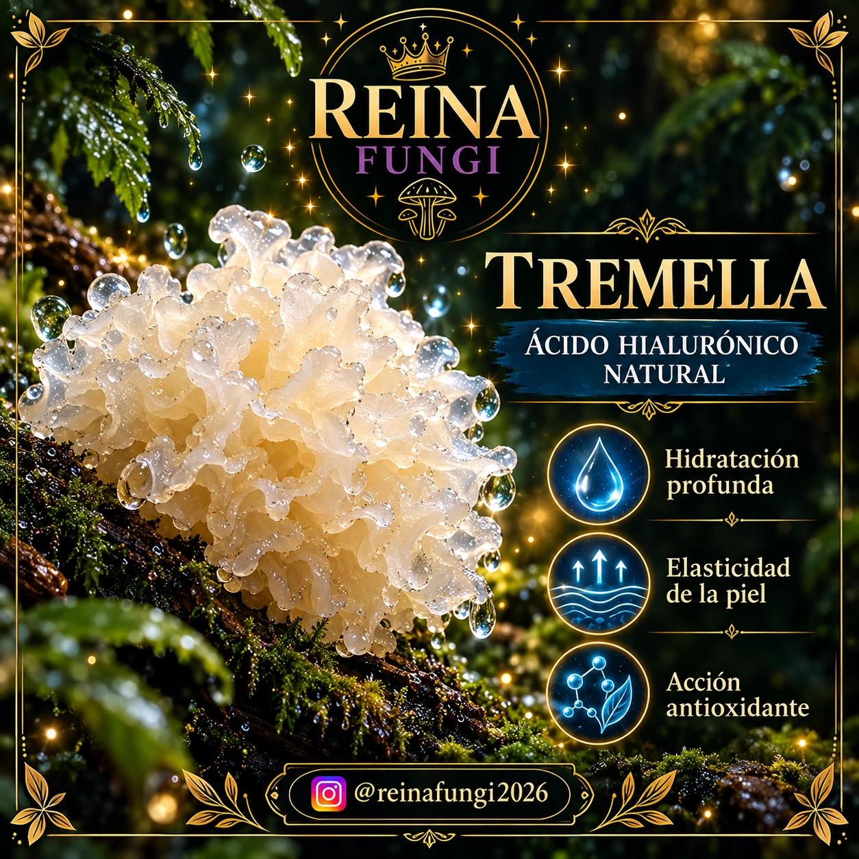 Lámina de divulgación de Reina Fungi sobre tremella; leer el contexto médico debajo